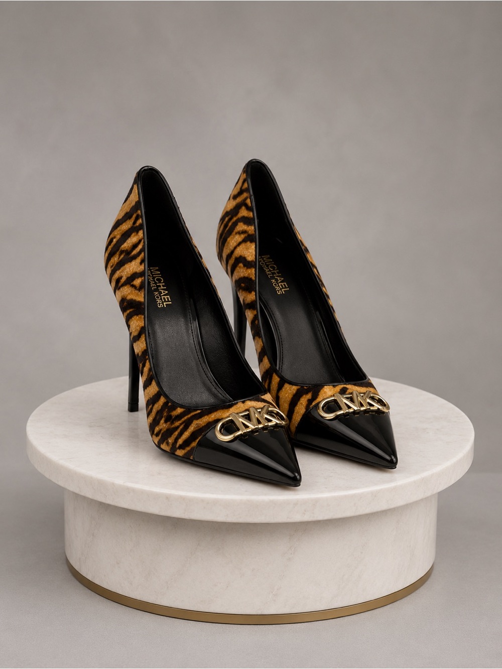 MICHAEL Michael Kors Black Patent & Tiger-Print Pointed Toe Pumps, display shoes